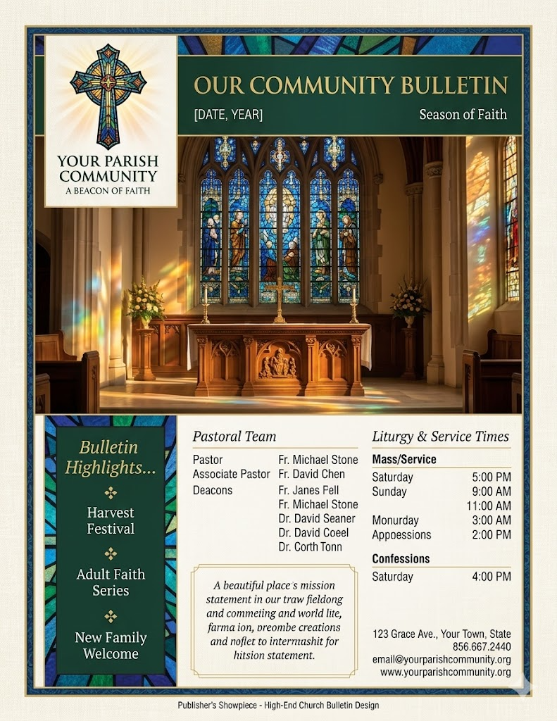 Sample parish bulletin cover showing professional typography, stained glass photography, and liturgical design