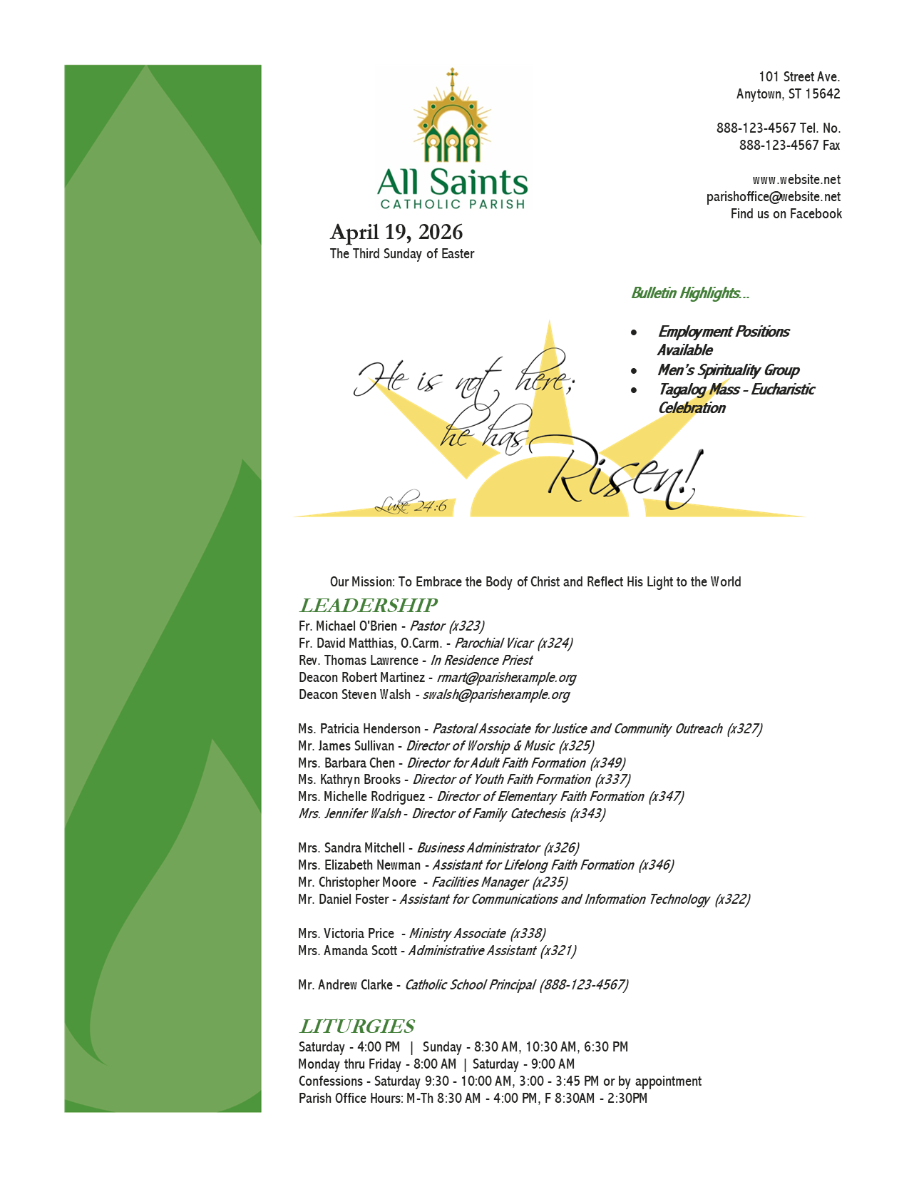 Sample parish bulletin — eight-page weekly issue, cover and interior