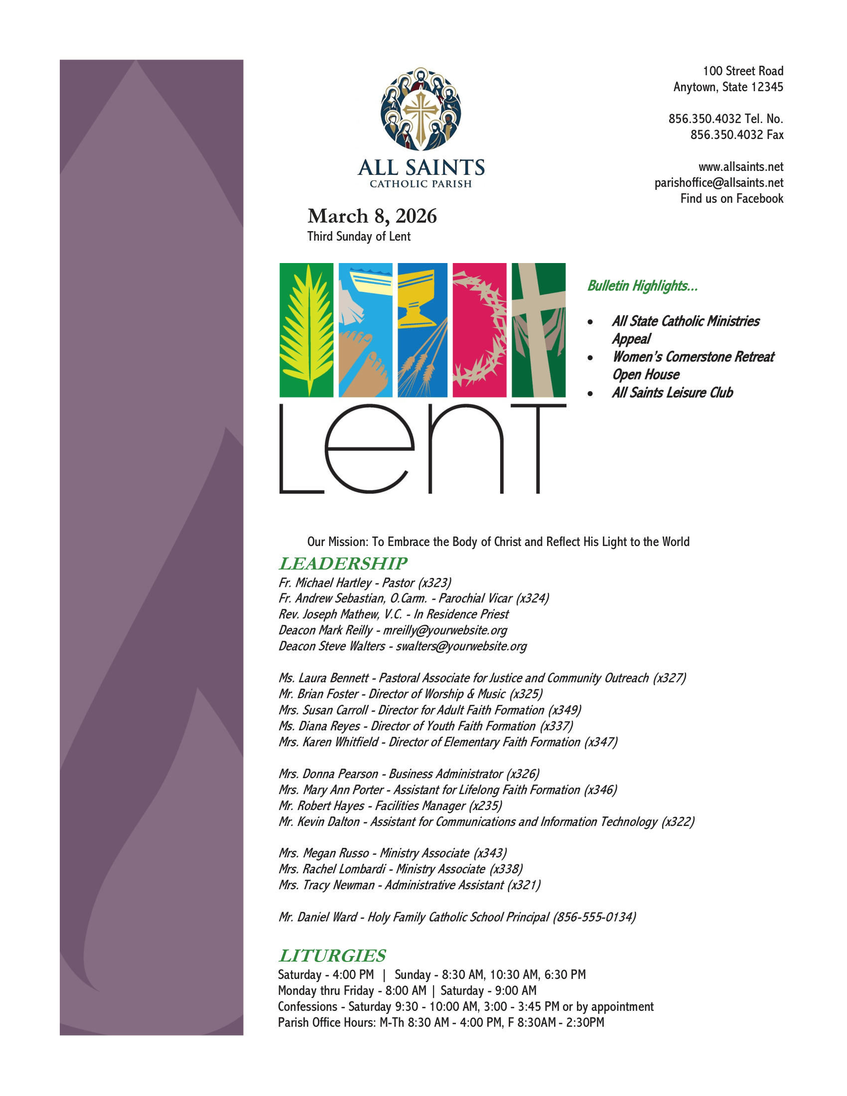 Sample parish bulletin — cover and interior pages